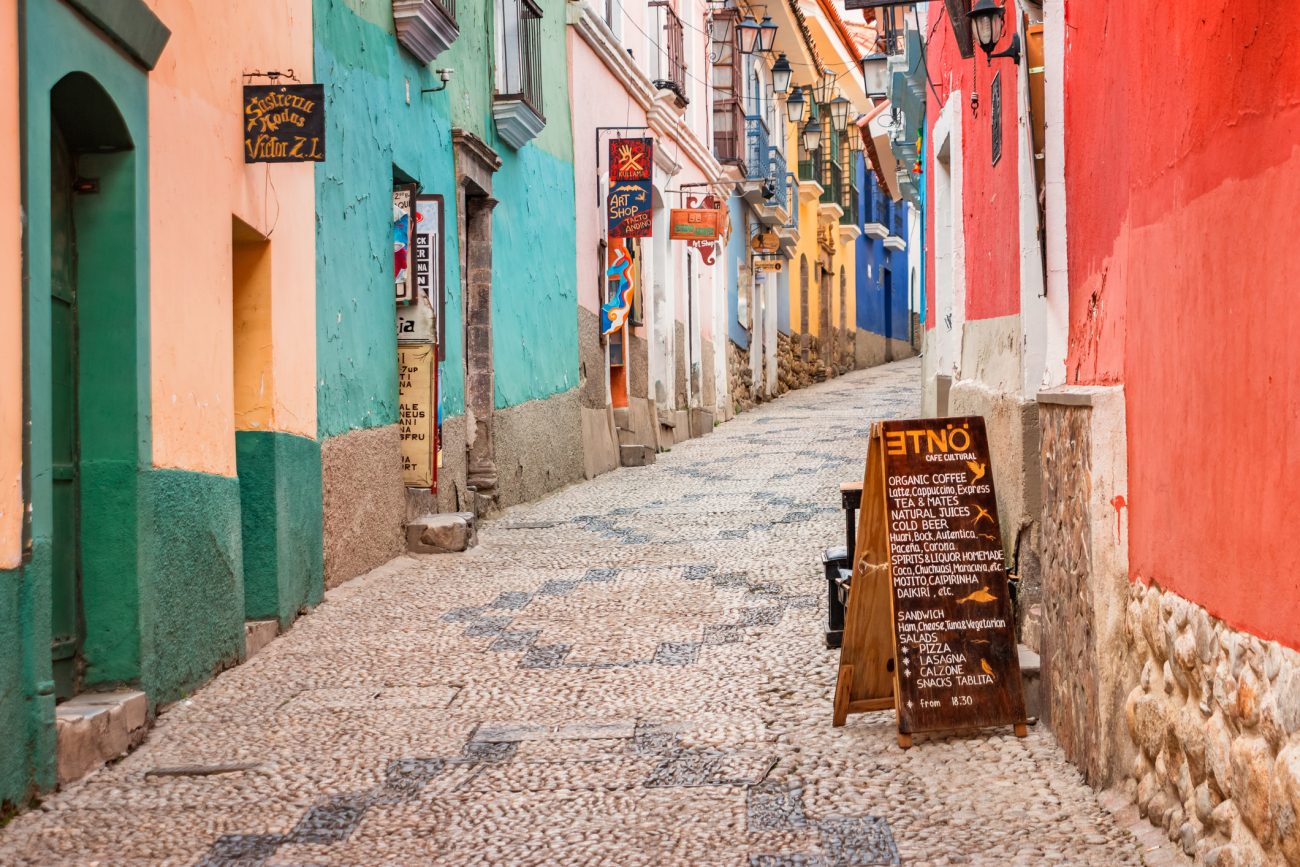 Colorful alley in old town La Paz Bolivia