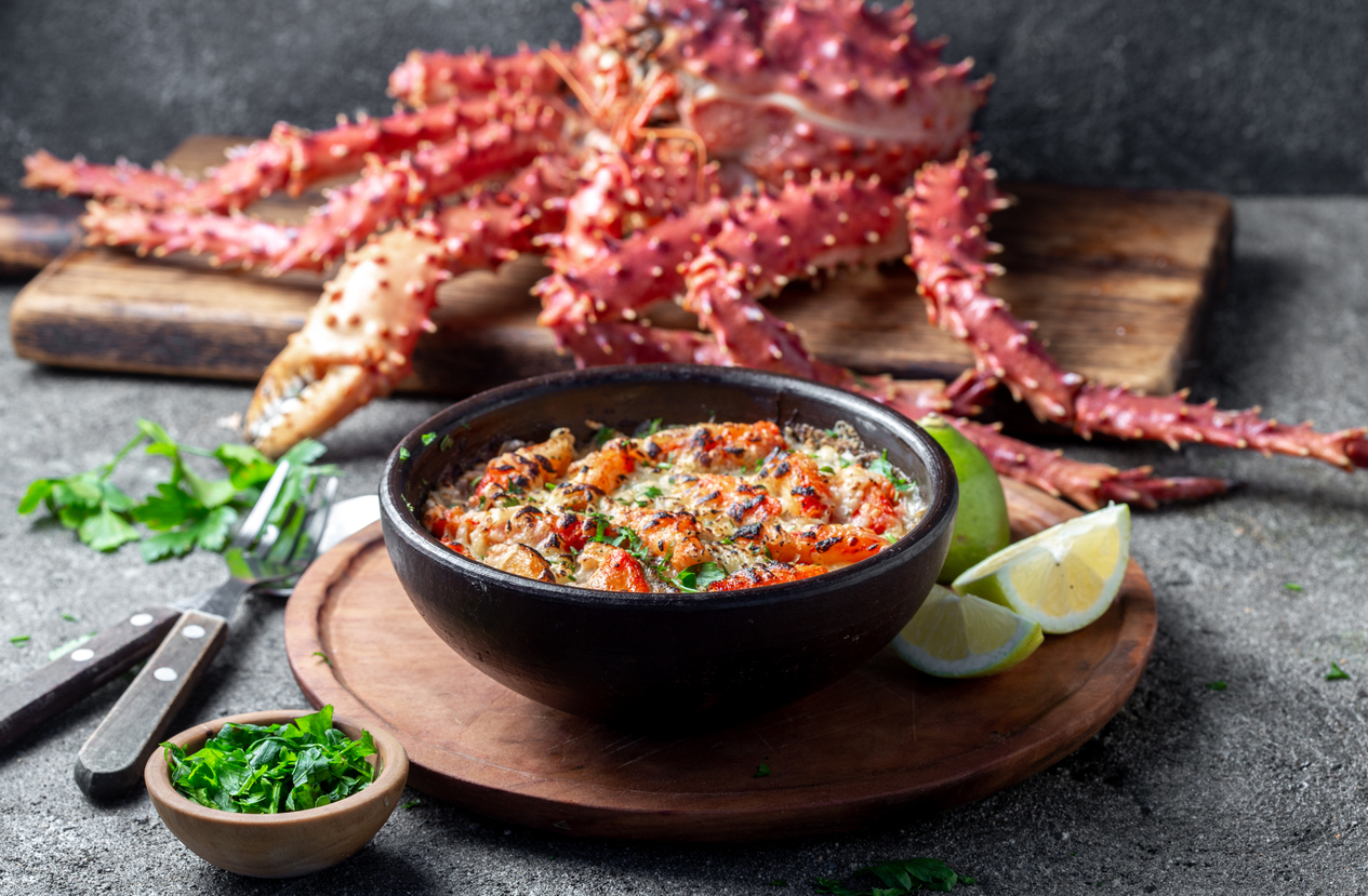 Chilean food. Baked crabmeat crab meat with cheese, cream and bread. Pastel o chupe de sentolla or king crab